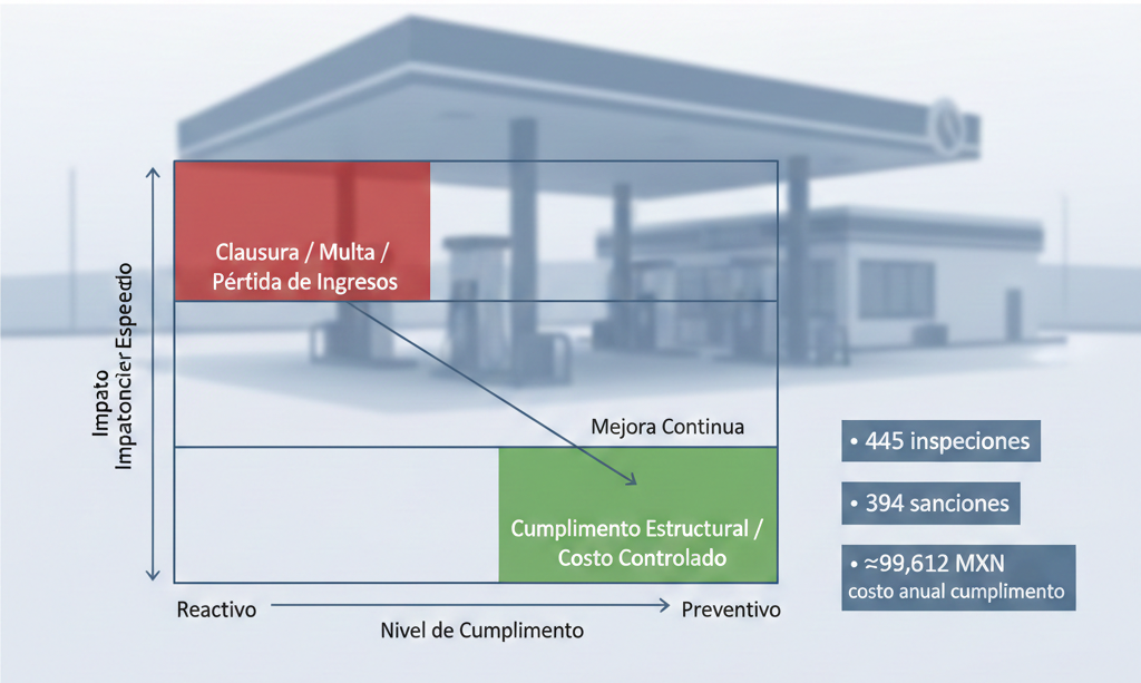 Matriz de exposición regulatoria para gasolineras en México comparando costo de cumplimiento contra riesgo de clausura y sanciones ASEA.
