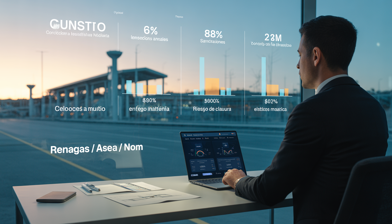Análisis del riesgo regulatorio en gasolineras de México con métricas de inspección ASEA, cumplimiento NOM y costos de sanciones.